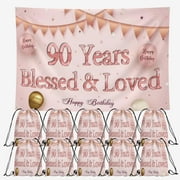 OdeJous 90th Party Supplies,10 Pieces 90th Candy Drawstring Bag Include Birthday Backdrop 7x5FT, Drawstring Goodie Favor Bags for Birthday Party Decorations(10.6 x 13.3 Inch)